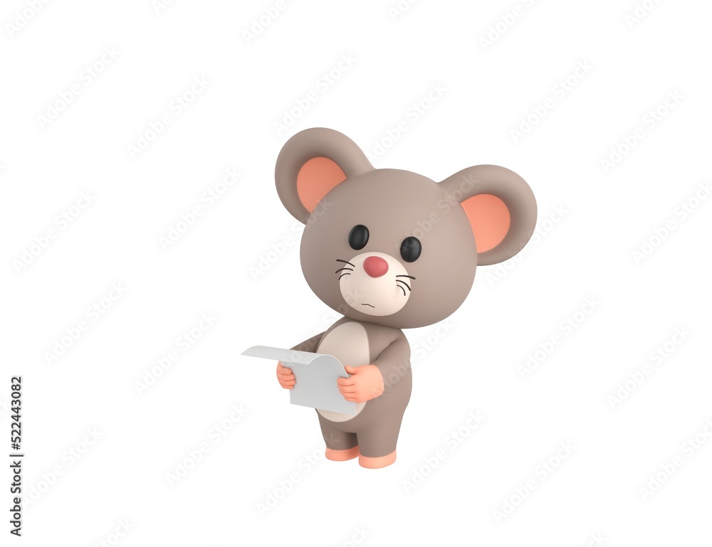 Little Rat character reading paper and looking to camera in 3d rendering. Little Rat character reading paper and looking to camera in 3d rendering.