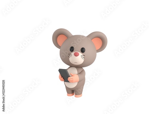 Little Rat character using smartphone and looking to camera in 3d rendering.