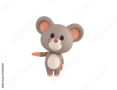Little Rat character looking to camera and pointing hand to the side in 3d rendering.