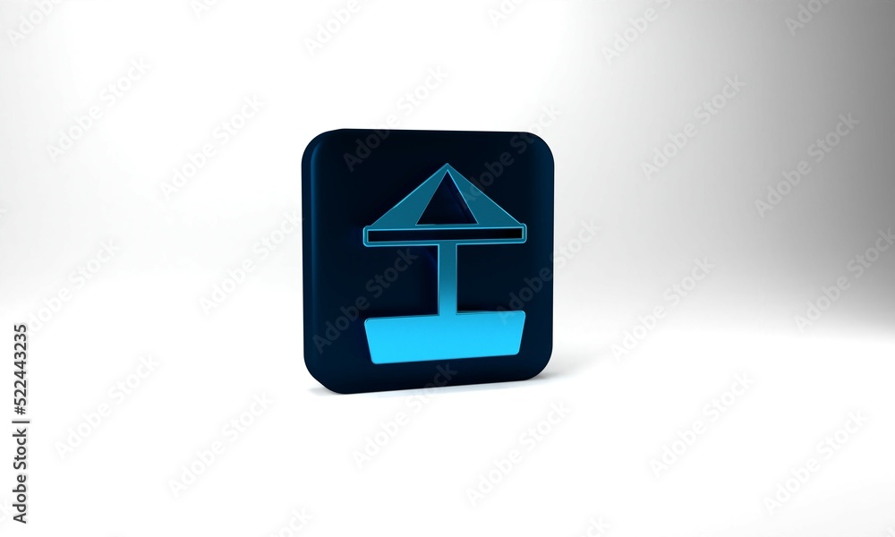 Blue Sandbox for kids with sand and umbrella icon isolated on grey background. Blue square button. 3d illustration 3D render Blue Sandbox for kids with sand and umbrella icon isolated on grey background. Blue square button. 3d illustration 3D render