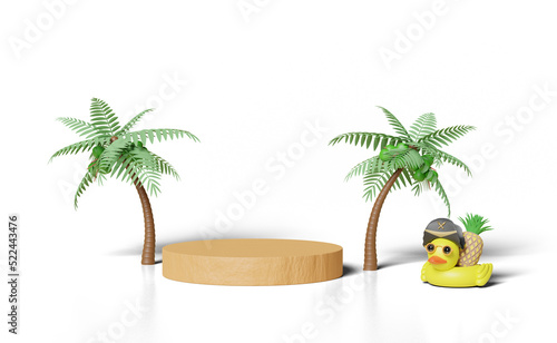 stage podium with inflatable duck  pirate hat  pineapple  sunglasses  palm tree  isolated  abstract background. travel  shopping summer sale concept  3d illustration or 3d render