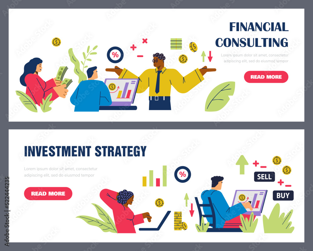 Set of website banner templates about online investment flat style