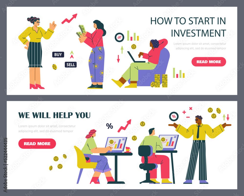 Set of website banner templates about online investment flat style