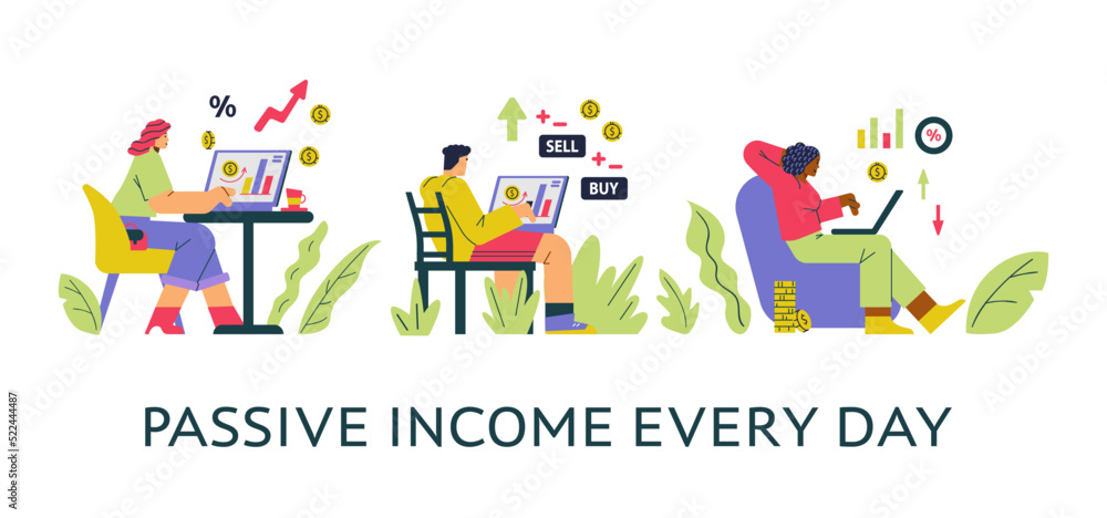 Passive income banner with people tracking investments, flat vector isolated.