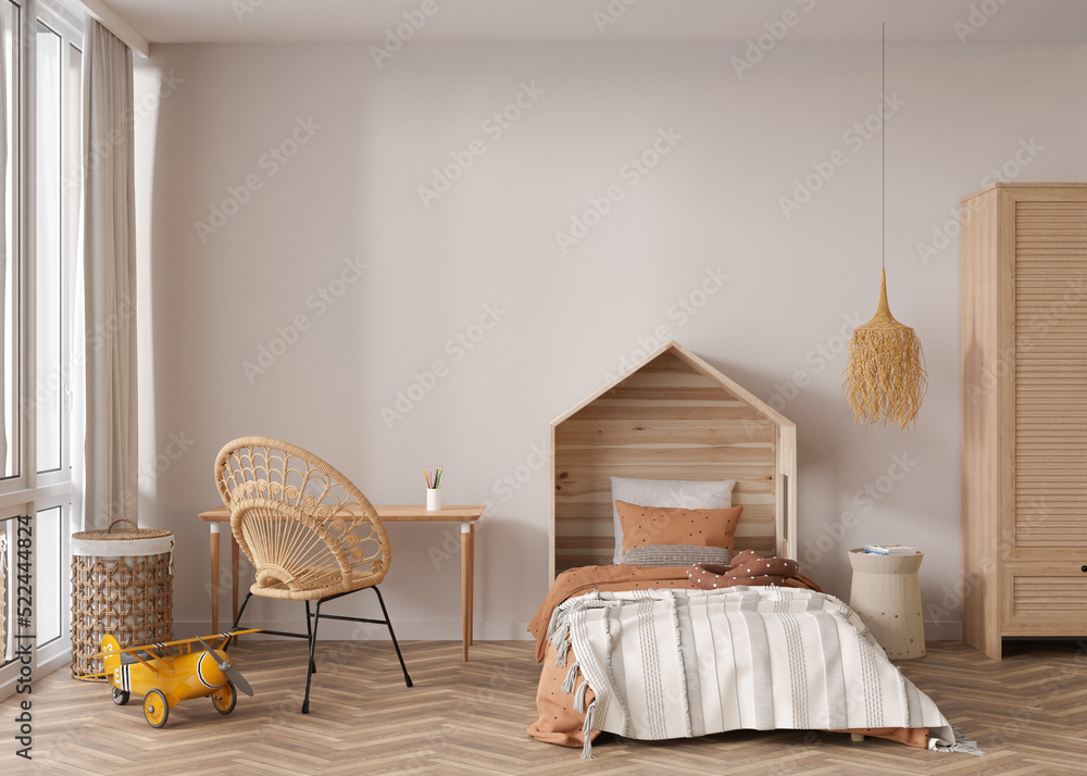 Empty wall in modern child room. Mock up interior in boho style. Free, copy  space for your picture or poster. Bed, rattan chair, toys. Cozy room for  kids. 3D rendering. ilustración de