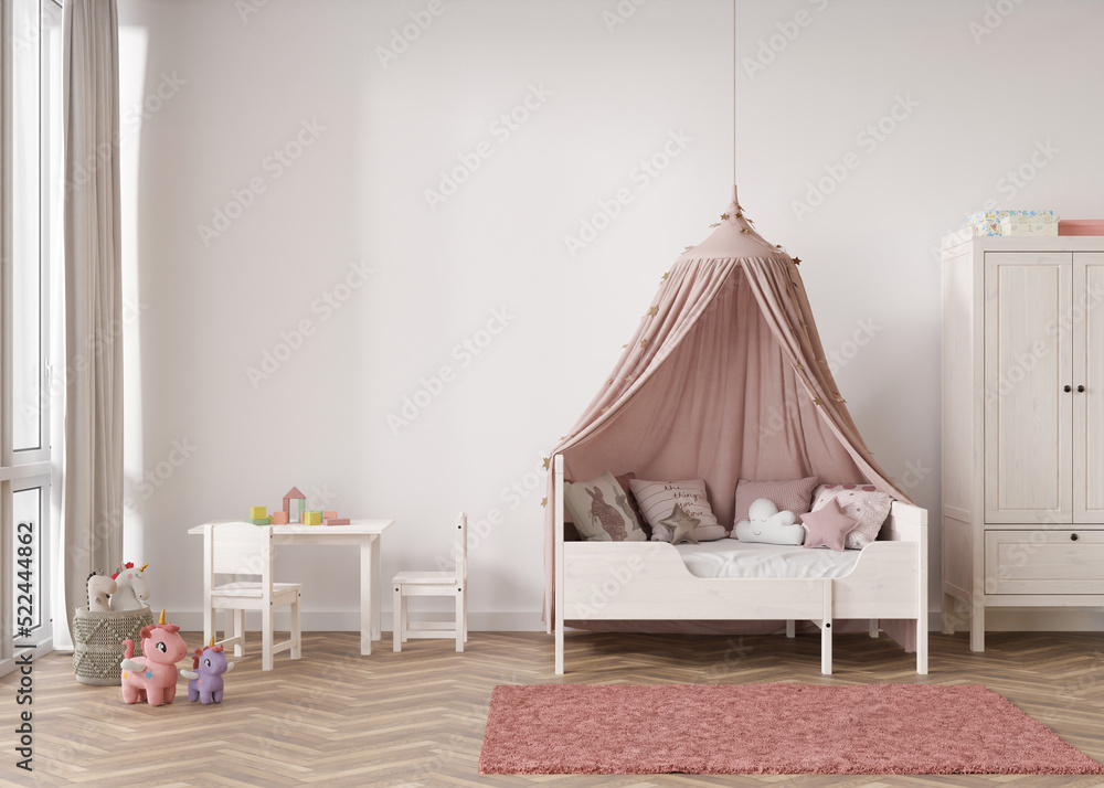 Empty white wall in modern child room. Mock up interior in contemporary, scandinavian style. Copy space for your picture or poster. Bed, table, toys. Cozy room for kids. 3D rendering. Empty white wall in modern child room. Mock up interior in contemporary, scandinavian style. Copy space for your picture or poster. Bed, table, toys. Cozy room for kids. 3D rendering.