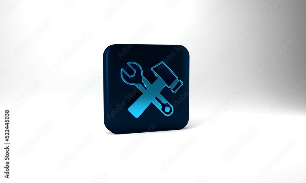 Blue Crossed hammer and wrench spanner icon isolated on grey background. Hardware tools. Blue square button. 3d illustration 3D render Blue Crossed hammer and wrench spanner icon isolated on grey background. Hardware tools. Blue square button. 3d illustration 3D render