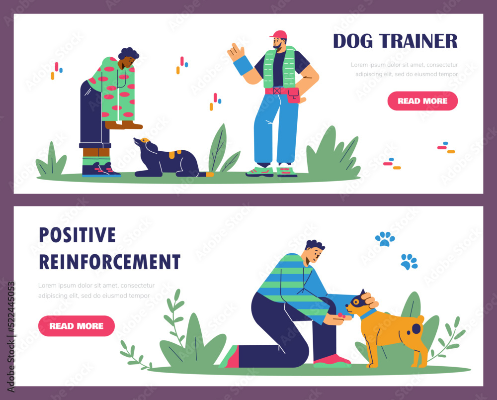 Dog training advertising web banners set, flat vector illustration.