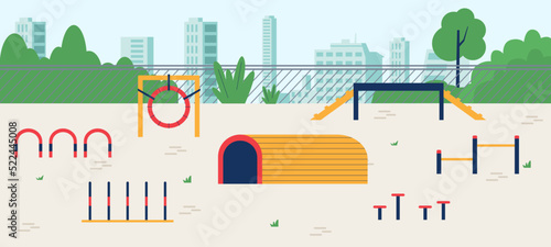 Dog training playground in the park with obstacles, flat vector illustration.