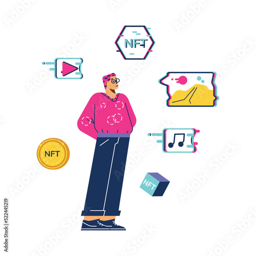 Young man looking at NFT gallery - pictures and music, flat vector illustration isolated on white background.