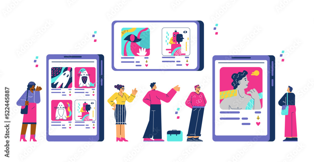 Abstract NFT art concept with people in digital gallery or museum, flat vector illustration on white background. Abstract NFT art concept with people in digital gallery or museum, flat vector illustration on white background.