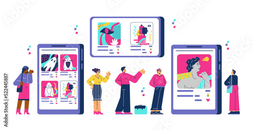 Abstract NFT art concept with people in digital gallery or museum, flat vector illustration on white background.