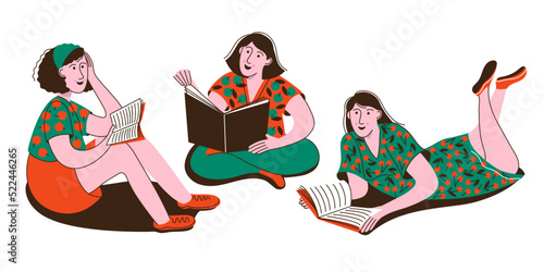 Set of three girls that are reading books. Young women. Read more books concept. Reading club. Leisure and education concept.