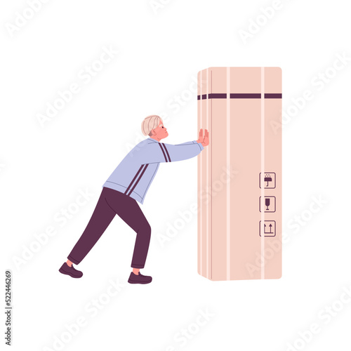 Person pushing big box. Loader during household appliance delivery. Courier worker and huge cardboard pack, moving package with fridge. Flat vector illustration isolated on white background