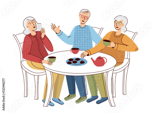 Elderly people spending time together. Senior friends talking and sitting at table, enjoying tea time. Aged women and man meeting at home, in cafes or restaurants