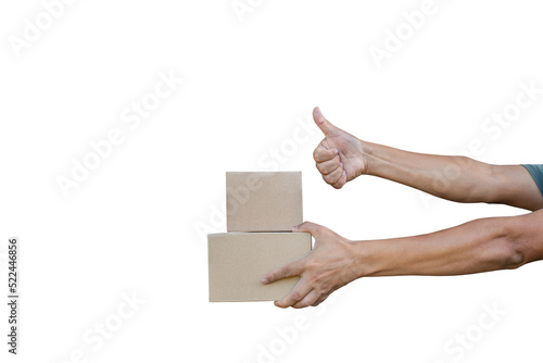 Hand holding two brown boxes on a white background.