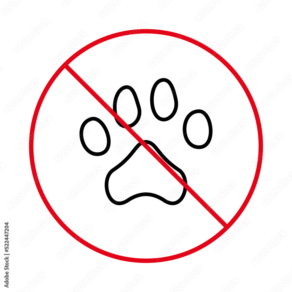 Paw Footprint Red Stop Outline Symbol. No Allowed Pet Walk Sign