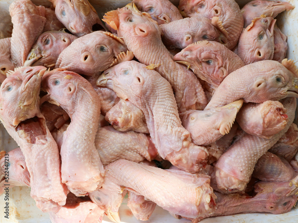 fresh raw chicken head in food market