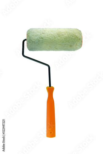 Paint roller with orange handle on white background.