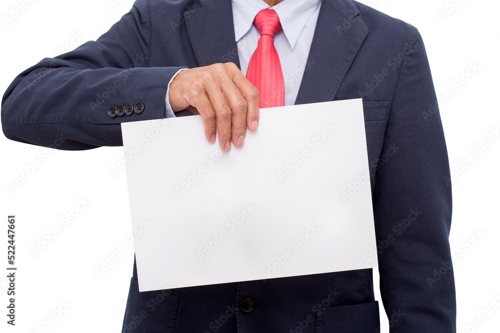 Businessman hands holding white cardboard isolated Businessman hands holding white cardboard isolated