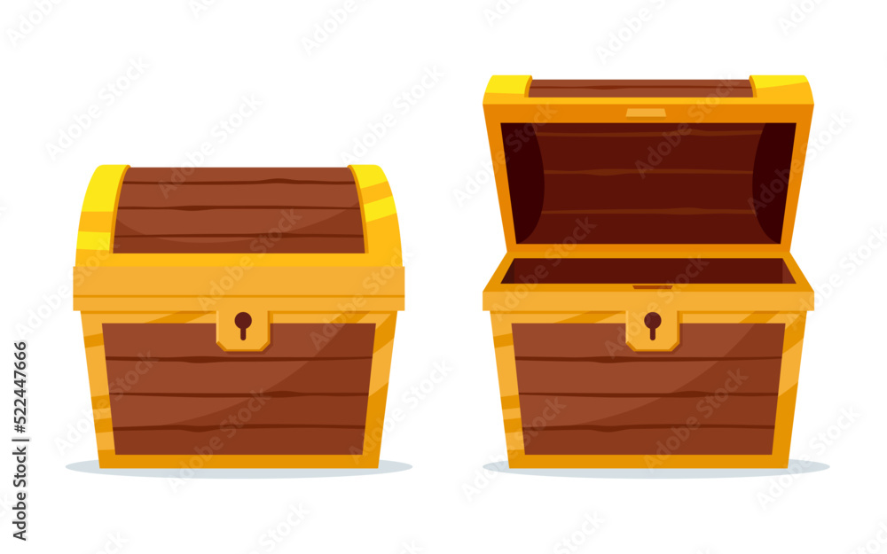 Open and close the mystery wooden chest. Treasure on white background. Random a secret loot box concept. Vector illustration cartoon flat design. Open and close the mystery wooden chest. Treasure on white background. Random a secret loot box concept. Vector illustration cartoon flat design.