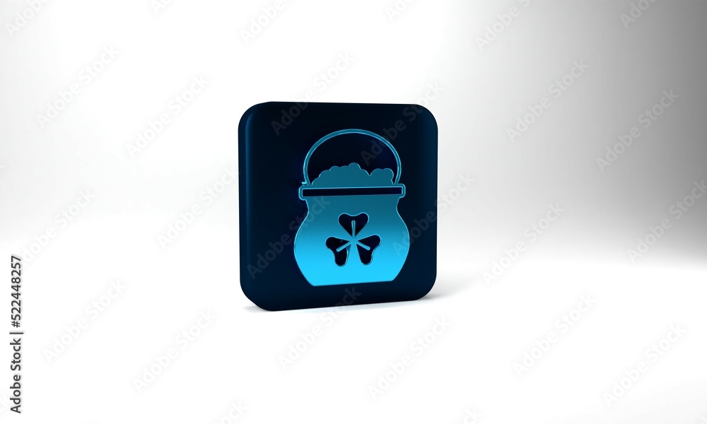 Blue Pot of gold coins icon isolated on grey background. Happy Saint Patricks day. National Irish holiday. Blue square button. 3d illustration 3D render Blue Pot of gold coins icon isolated on grey background. Happy Saint Patricks day. National Irish holiday. Blue square button. 3d illustration 3D render