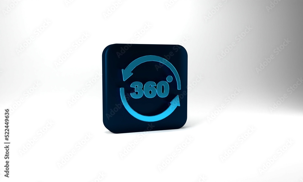 Blue 360 degree view icon isolated on grey background. Virtual reality. Angle 360 degree camera. Panorama photo. Blue square button. 3d illustration 3D render