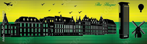 The Hague city skyline with flag background - illustration, 
Shiny Grunge flag of the Hague