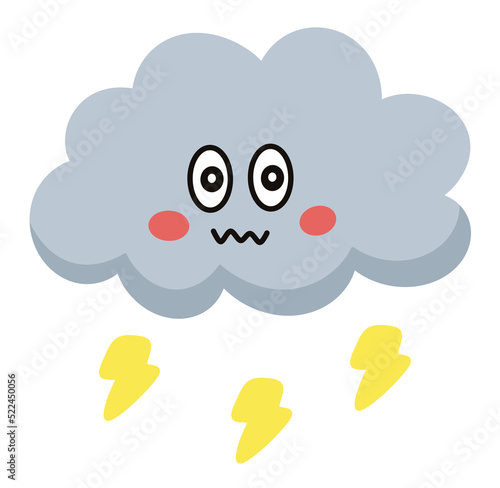 Angry cloud cartoon character and thunder icon