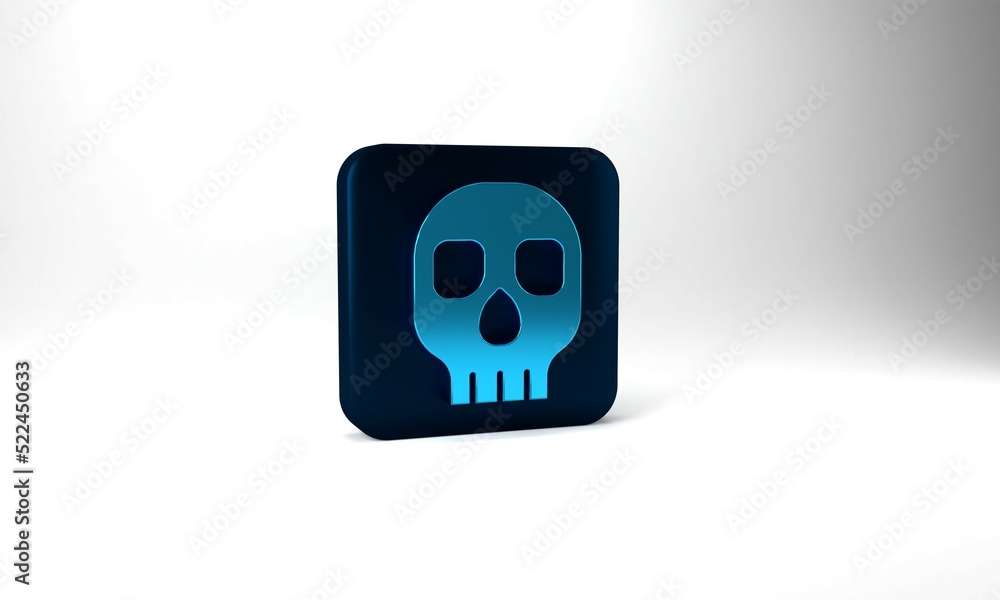 Blue Skull icon isolated on grey background. Happy Halloween party. Blue square button. 3d illustration 3D render Blue Skull icon isolated on grey background. Happy Halloween party. Blue square button. 3d illustration 3D render