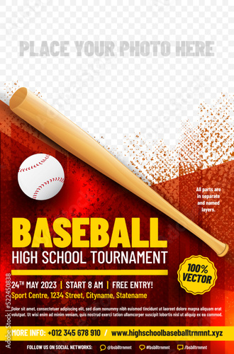 Baseball tournament poster template with bat and ball