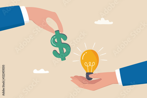 Funding startup idea, fundraising to start business, investor, venture capital or VC to financial support, budget or sponsorship concept, businessman hand give dollar money to lightbulb business idea.