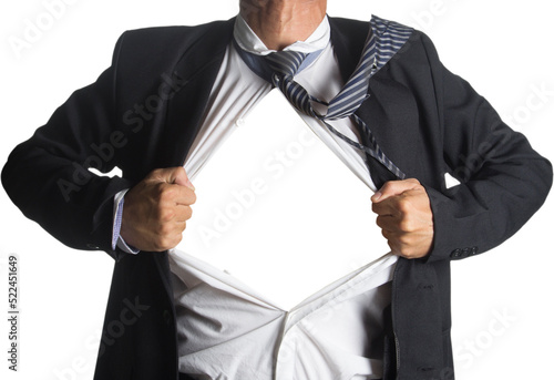 Businessman in classic superman pose tearing his shirt open to reveal t shirt with blank chest for message