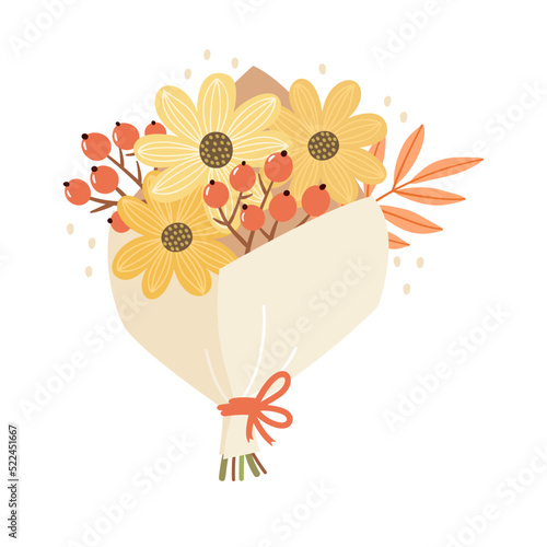 Hand-drawn cartoon bouquet with rowan branches and leaves. Pretty floral illustration for teachers day and other fall holidays. Seasonal design with autumn flowers.