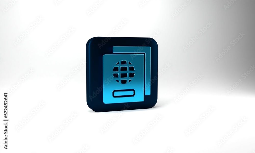 Blue Passport with biometric data icon isolated on grey background. Identification document. Blue square button. 3d illustration 3D render Blue Passport with biometric data icon isolated on grey background. Identification document. Blue square button. 3d illustration 3D render