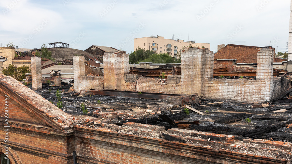 Destroyed city hospital in historical downtown in Kharkiv