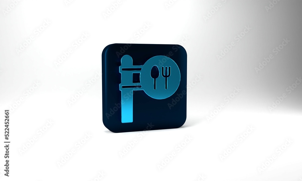 Blue Cafe and restaurant location icon isolated on grey background. Fork and spoon eatery sign inside pinpoint. Blue square button. 3d illustration 3D render. Blue Cafe and restaurant location icon isolated on grey background. Fork and spoon eatery sign inside pinpoint. Blue square button. 3d illustration 3D render.