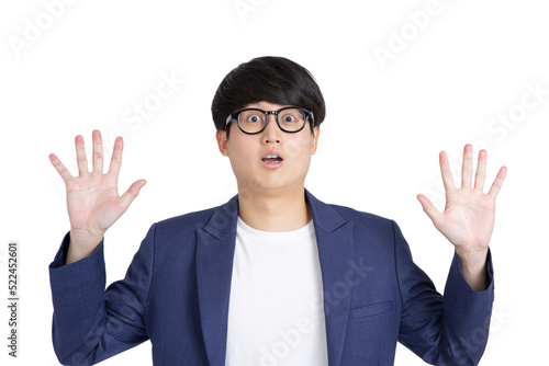 Positive shocked business man with glasses in casual attire opening his hands on transparent as png