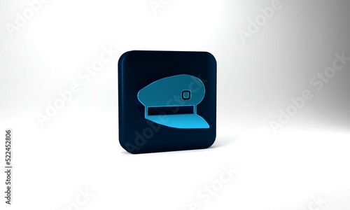 Blue Train driver hat icon isolated on grey background. Blue square button. 3d illustration 3D render