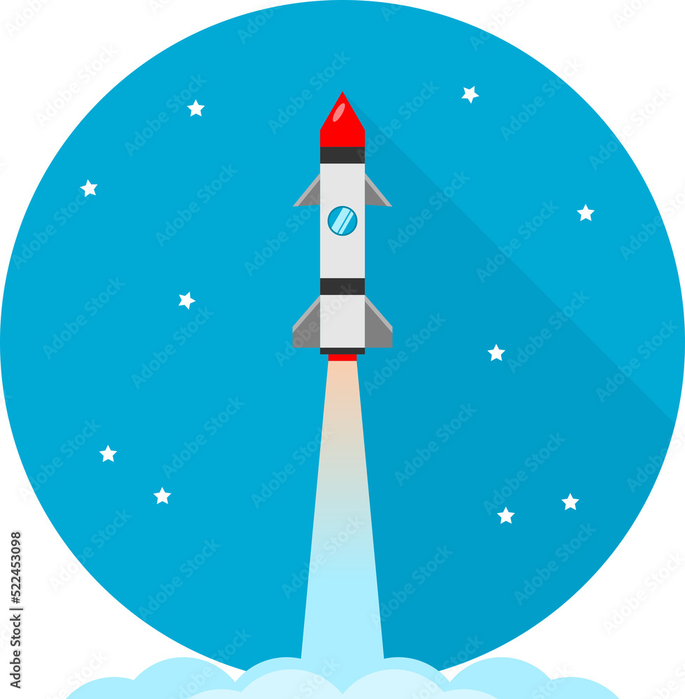 Rocket launch travel to space on blue circle background with star png cartoon design.