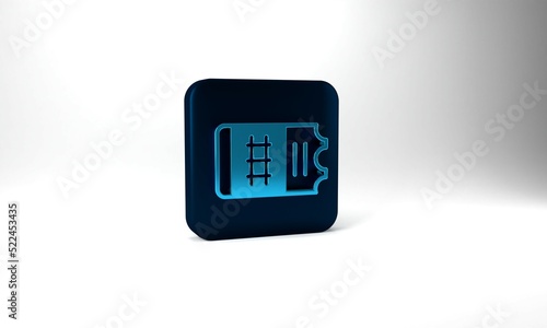 Blue Train ticket icon isolated on grey background. Travel by railway. Blue square button. 3d illustration 3D render