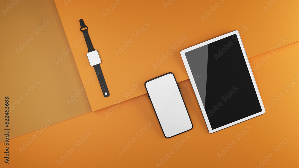 3D Render Of Smart Phone, Smart Watch and Tablet, Top View, Blank Screens for your Product Advertisement or App Presentation. 3D Render Of Smart Phone, Smart Watch and Tablet, Top View, Blank Screens for your Product Advertisement or App Presentation.