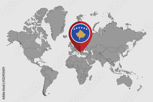 Pin map with Kosovo flag on world map. Vector illustration.
