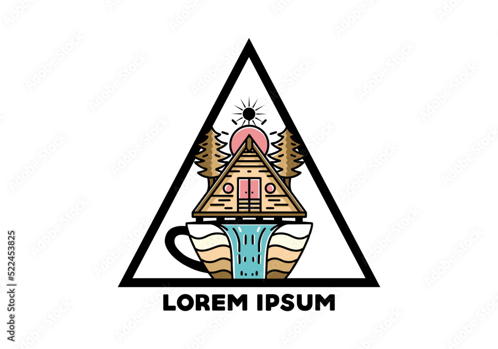 Obraz premium Wood cabin and pine trees on the coffee cup shape with waterfall illustration