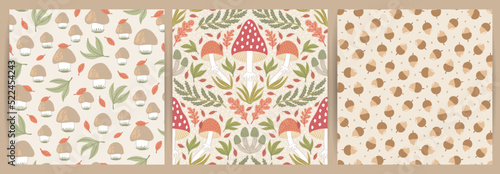 Set of hand-drawn seamless patterns with wild mushrooms and autumn leaves. Colorful seasonal illustration for paper and gift wrap. Fabric print design. Creative stylish background.