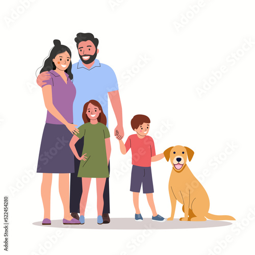 Mother and father with children and dog. Happy family isolated.Vector flat style illustration