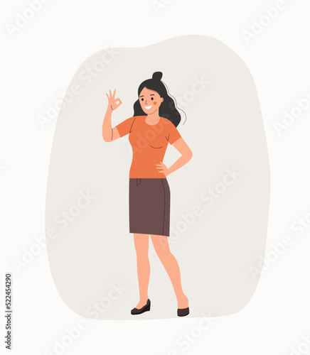 Young happy woman shows Ok sign. Positive gesture, approval gesturing. Vector flat style cartoon  illustration.