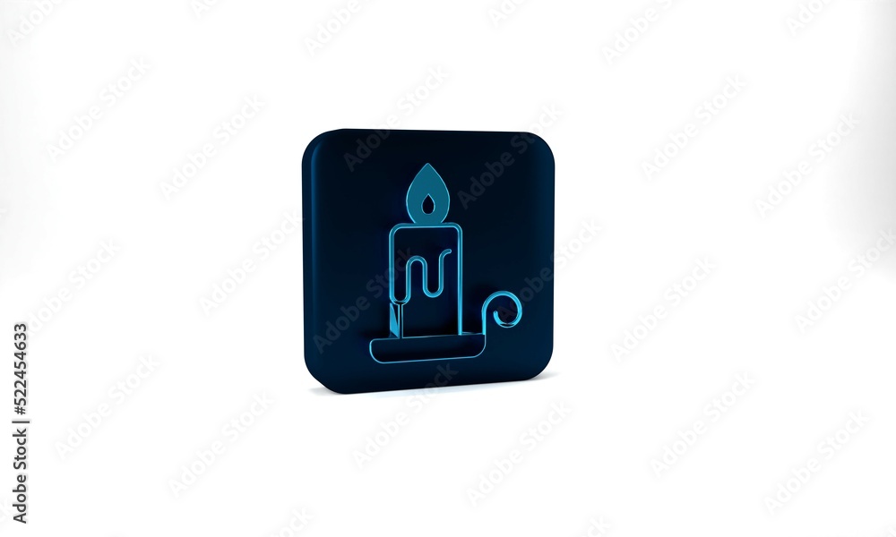 Blue Burning candle in candlestick icon isolated on grey background. Cylindrical candle stick with burning flame. Blue square button. 3d illustration 3D render Blue Burning candle in candlestick icon isolated on grey background. Cylindrical candle stick with burning flame. Blue square button. 3d illustration 3D render