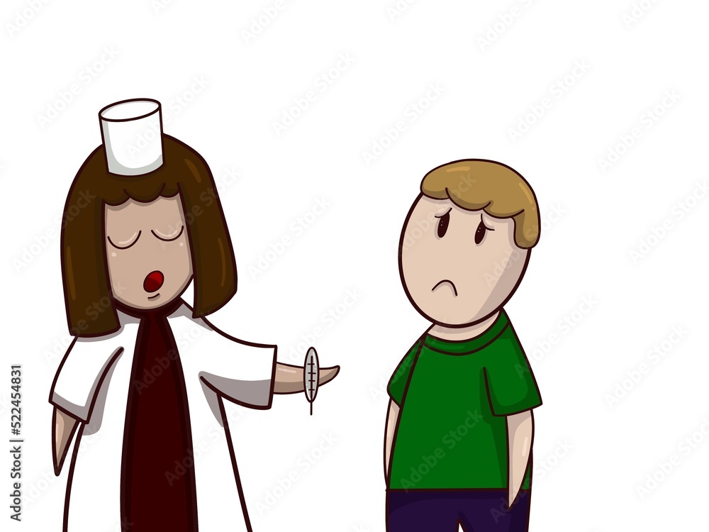 The nurse forces to measure the temperature of the sad boy. Nurse with thermometer. Nurse at work. Dialogue. Comic. The nurse forces to measure the temperature of the sad boy. Nurse with thermometer. Nurse at work. Dialogue. Comic.