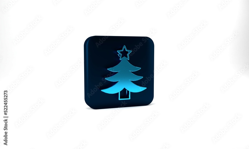 Blue Christmas tree icon isolated on grey background. Merry Christmas and Happy New Year. Blue square button. 3d illustration 3D render Blue Christmas tree icon isolated on grey background. Merry Christmas and Happy New Year. Blue square button. 3d illustration 3D render